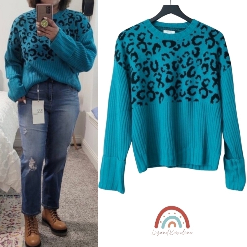 New! Nine West Leopard Cheetah Chunky Knit Ribbed Teal Black Crewneck Sweater